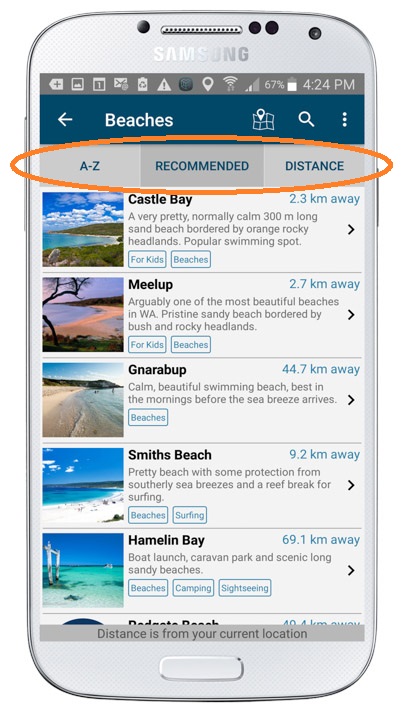 Margaret River Find the Fun example of a list view